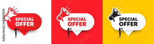 Special offer tag. Speech bubble with megaphone and woman silhouette. Sale sign. Advertising Discounts symbol. Special offer chat speech message. Woman with megaphone. Vector photo