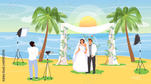 Photo shoot of wedding at tropical seacoast vector illustration