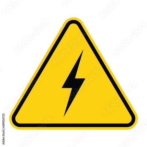 Electric shock danger icon. High voltage shock caution sign with electric lightning. Warning, danger, yellow triangle sign. Vector illustration.High voltage icon, danger vector symbol on white.