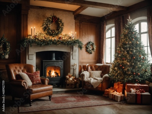 A room with two armchairs  a fireplace and a Christmas tree with gifts is decorated for the winter holidays