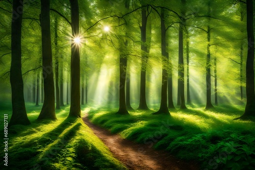 sunlight in the green forest spring time-