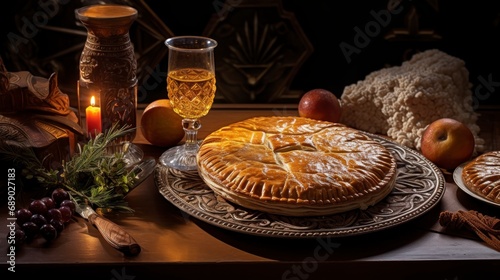 Twelfth Night Cake, beautiful composition, cider and apple, galette des rois
