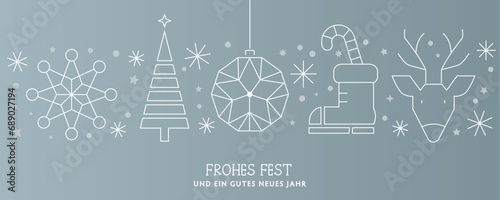 Weihnachtsgruss Frohes Fest - Stern, Weihnachtsbaum, Christbaumkugel Nikolausstiefel und Reh - deutscher Text auf silbernem Hintergrund photo