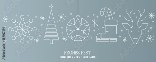 Weihnachtsgruss Frohes Fest - Stern, Weihnachtsbaum, Christbaumkugel Nikolausstiefel und Reh - deutscher Text auf silbernem Hintergrund