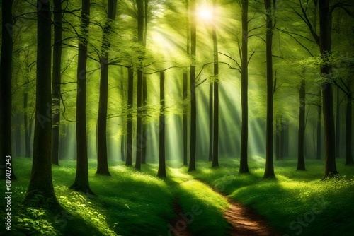   sunlight in the green forest spring time-