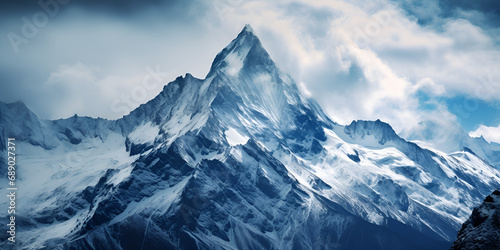 Majestic mountain peak covered in snow, Matterhorn mountain in himalayas nepal asia, A majestic snowcovered mountain peak towering in a surreal sky, generative AI 