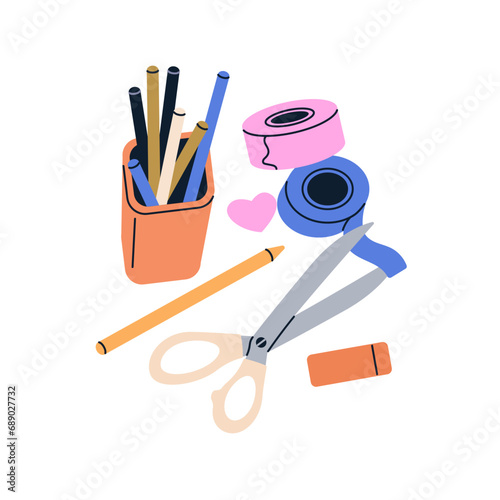 School stationery. Scissors, pencils and pens in holder box. Shears, tapes, DIY and craft supplies, accessories, art stuff composition. Flat vector illustration isolated on white background