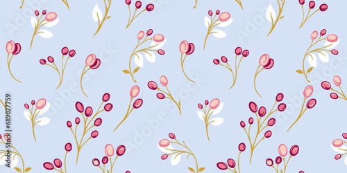 Seamless pattern with stylized, creative berries branches and drops. Modern, trendy vector hand drawn abstract branch print. Template for design.