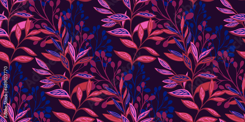 Trendy colorful bright seamless pattern with modern, creative leaves, branches, stem on a dark background. Vector hand drawn. Template for design