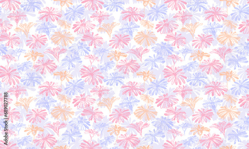 Seamless pattern colorful silhouettes textures shape flowers. Vector hand drawn sketch . Floral print. Template for textile, surface design, fabric, interior decor, fashion, wallpaper.