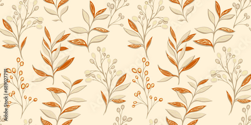Seamless pattern with abstract, creative, stylized beige leaves stem, branches berries. Vector hand drawn. Template for design