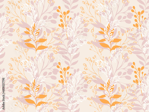 Vector hand drawn silhouettes branches leaves seamless pattern. Artistic, modern, monotone, monochrome yellow, beige, light print. Template for textile, fashion, fabric, surface design