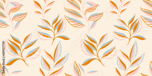 Seamless pattern with hand drawn vector stem leaves. Simple, tropical, minimalist leaf branches print. Template for design, textile, fashion, print, surface design, fabric