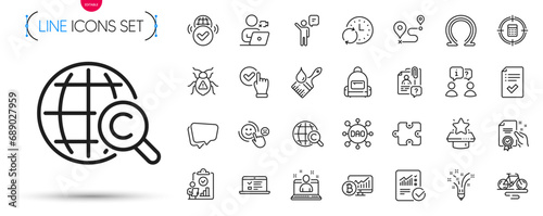 Pack of Puzzle, Inspect and Approved checklist line icons. Include Bike, Inspiration, Best manager pictogram icons. Brush, Interview, Video conference signs. Search employee. Vector
