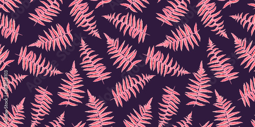 Seamless simple pink shape leaves fern pattern. Vector hand drawn abstract, artistic, silhouette leaf stems print. Template for design, fabric, interior decor, textile, fabric, wallpaper