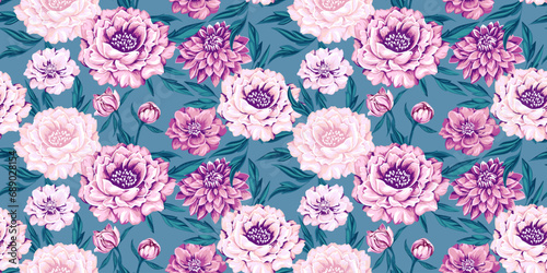 Vector hand drawn artistic chic beautiful flowers seamless pattern. Floral tapestry. Abstract peonies, dahlias background. Template for design, textile, fashion, print, fabric