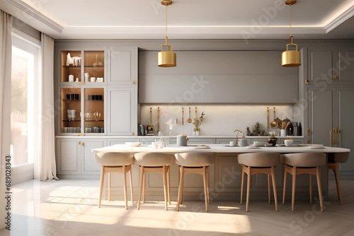 Modern and contemporary kitchen design with LED and sleek design. White and beige design, natural finishings photo