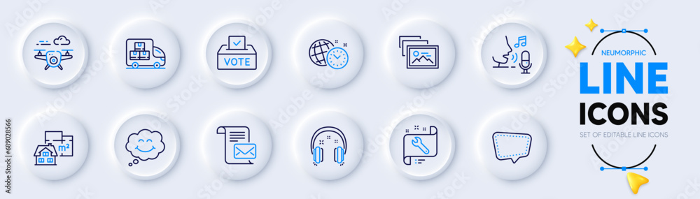 Mail letter, Vote box and Time management line icons for web app. Pack of Chat message, Photo album, Microphone pictogram icons. Headphones, Delivery truck, Drone signs. Spanner, Smile. Vector Mail letter, Vote box and Time management line icons for web app. Pack of Chat message, Photo album, Microphone pictogram icons. Headphones, Delivery truck, Drone signs. Spanner, Smile. Vector