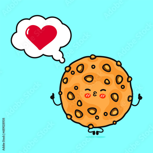 Oatmeal cookies doing yoga with speech bubble. Vector hand drawn cartoon kawaii character illustration icon. Isolated on blue background. Oatmeal cookies in love character concept