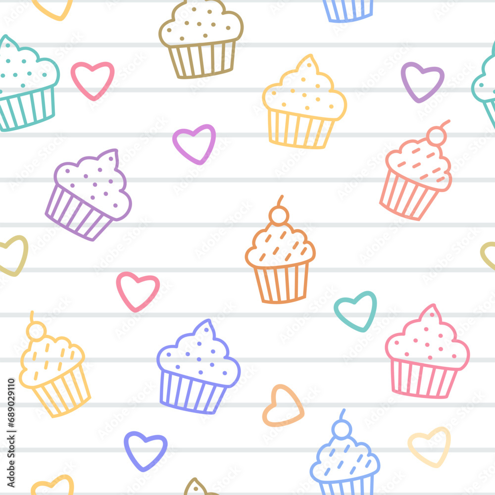Seamless pattern with colorful doodle of cupcakes and hearts on lined background. Fun and cheerful hand drawn pattern for wallpaper, background, textile, wrapping paper. etc Seamless pattern with colorful doodle of cupcakes and hearts on lined background. Fun and cheerful hand drawn pattern for wallpaper, background, textile, wrapping paper. etc