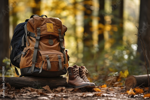 Backpack and leather ankle boots in forest on sunny summer day. Hiking equipment.
