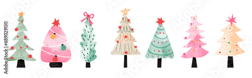 Set of watercolor decorative christmas tree vector illustration. Elements of ornamental balls, decorative light, star, ribbon. Design for card, comic, print, poster, banner, decoration.