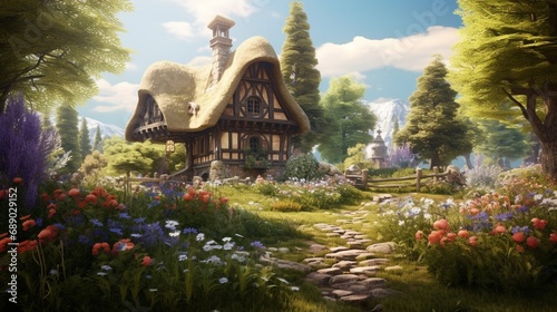 A quaint cottage nestled among blooming wildflowers  a picturesque scene of springtime serenity.