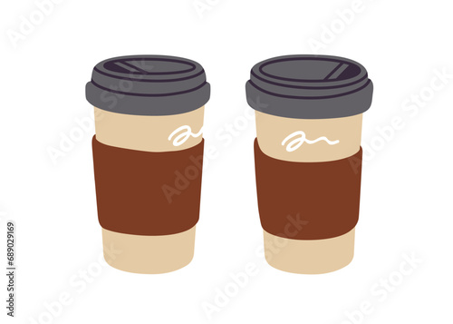 Takeaway paper coffee cup with lid and carton sleeve. Two take-away takeout tea mugs closed with plastic caps. Coffe, latte, hot drink to go. Flat vector illustration isolated on white background