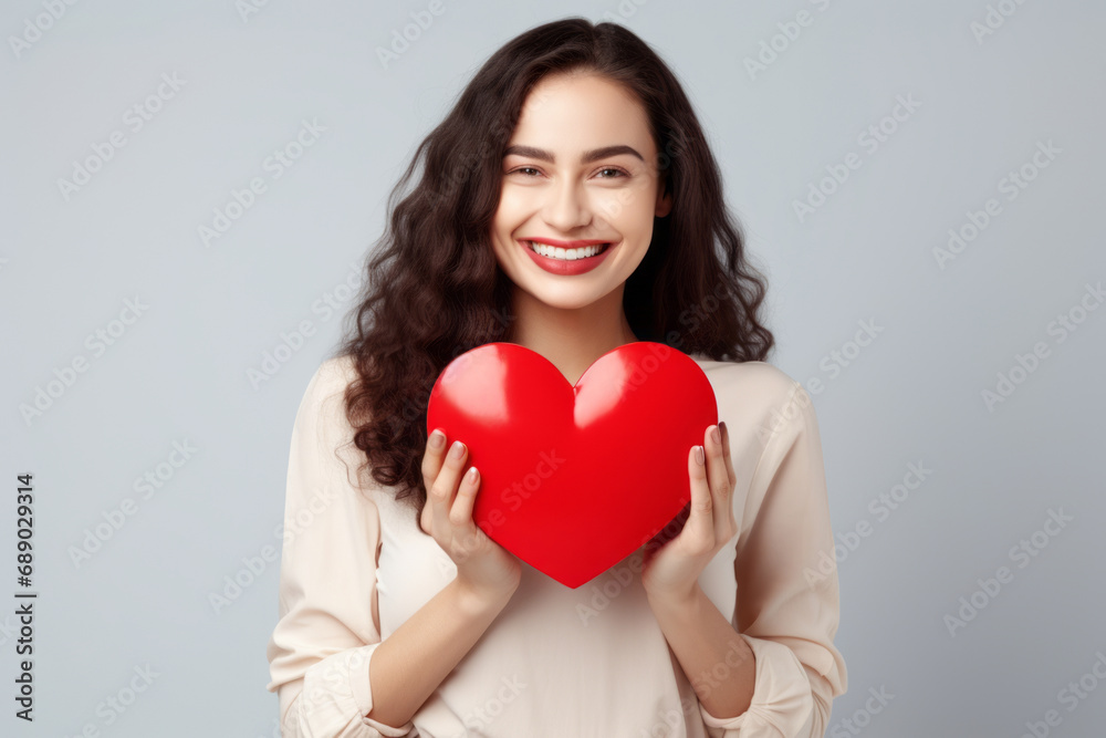Portrait of beautiful cheerful young woman holding red paper heart on light background. Celebrating Valentine's day. Portrait of beautiful cheerful young woman holding red paper heart on light background. Celebrating Valentine's day.