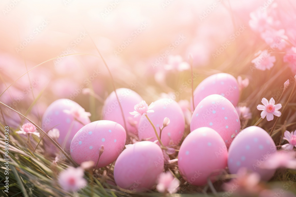 Beautiful pastel pink eggs and flowers in spring grass meadow over blue sky with sun. Beautiful pastel pink eggs and flowers in spring grass meadow over blue sky with sun.