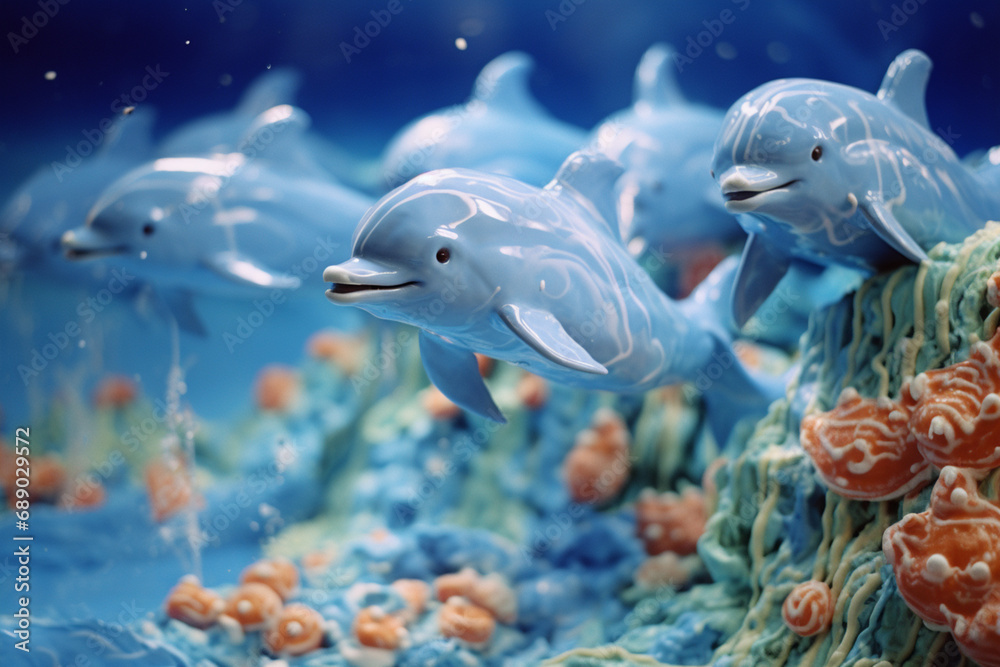 Gingerbread dolphins with blue frosting waves, leaping in a sea of gummy fish.