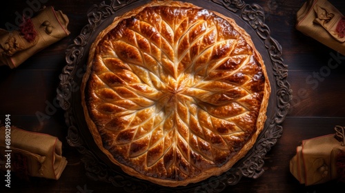 Twelfth Night Cake, galette des rois, top view, table, old, vintage,  photo