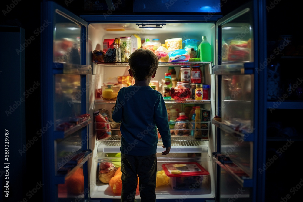 Kid in front of an opened refrigerator full of vibrant food, at night searching for a snack. Ai generated
