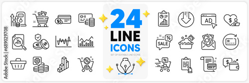 Icons set of Savings insurance, Payment card and Launder money line icons pack for app with Stock analysis, Discounts cart, Ad thin outline icon. Making money, Bribe, Grocery basket pictogram. Vector