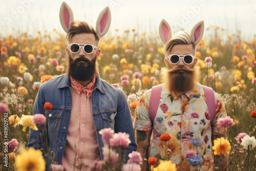 Funny hipster friends wearing Easter bunny ears and sunglasses in blossoming flower meadow. Two men in fancy clothes celebrating Easter outdoor.