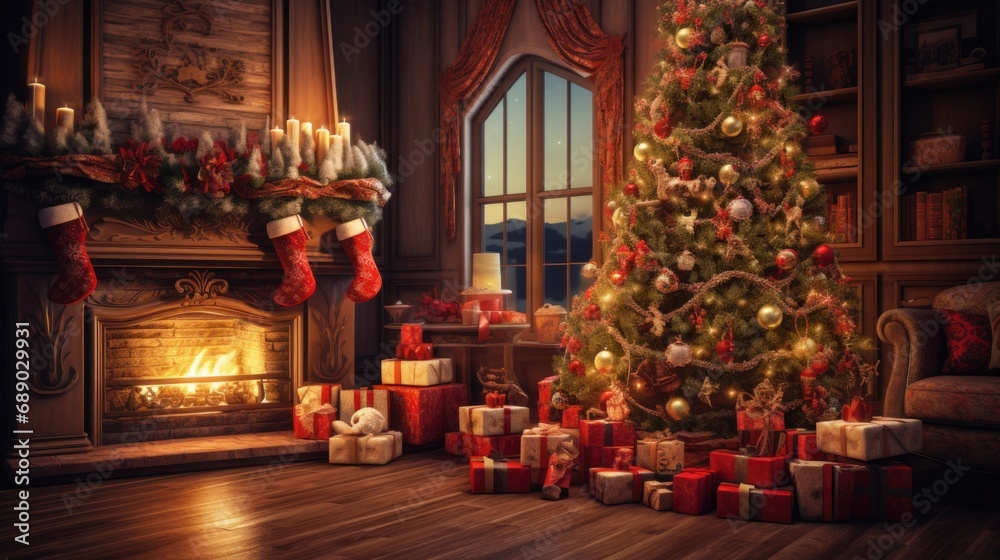 The interior of an old room with a fireplace and a Christmas tree