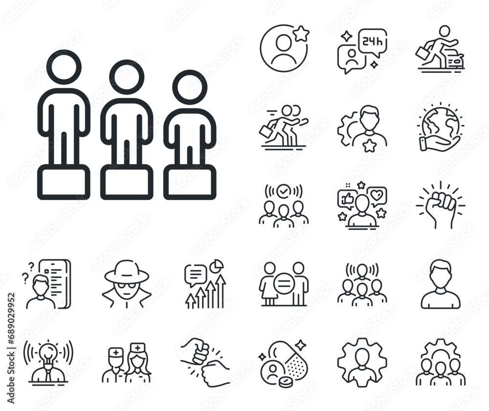 Equity culture sign. Specialist, doctor and job competition outline icons. Equality line icon. Gender diversity symbol. Equality line sign. Avatar placeholder, spy headshot icon. Strike leader. Vector