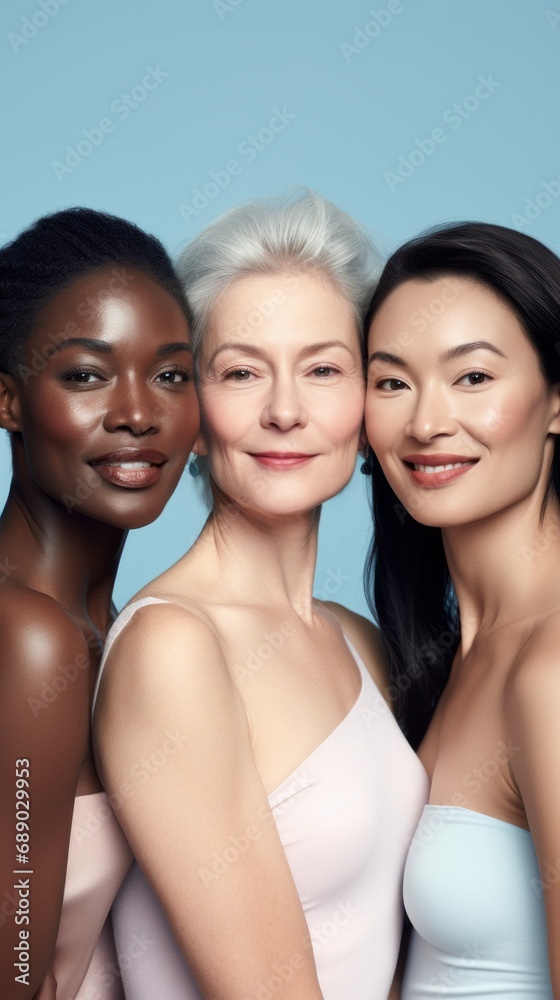 Skincare campaign group portrait with mature attractive women. Ethnical diversity Skincare campaign group portrait with mature attractive women. Ethnical diversity