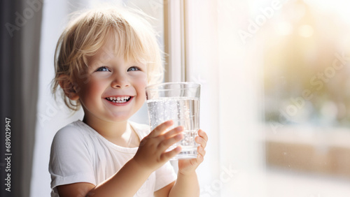 Pretty little child drinking fresh water on sunny summer day at home. Cute preschool kid holding glass of pure mineral water. Healthy lifestyle for kids. photo