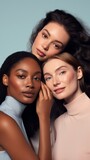 Skincare campaign group portrait with young attractive women. Ethnical diversity