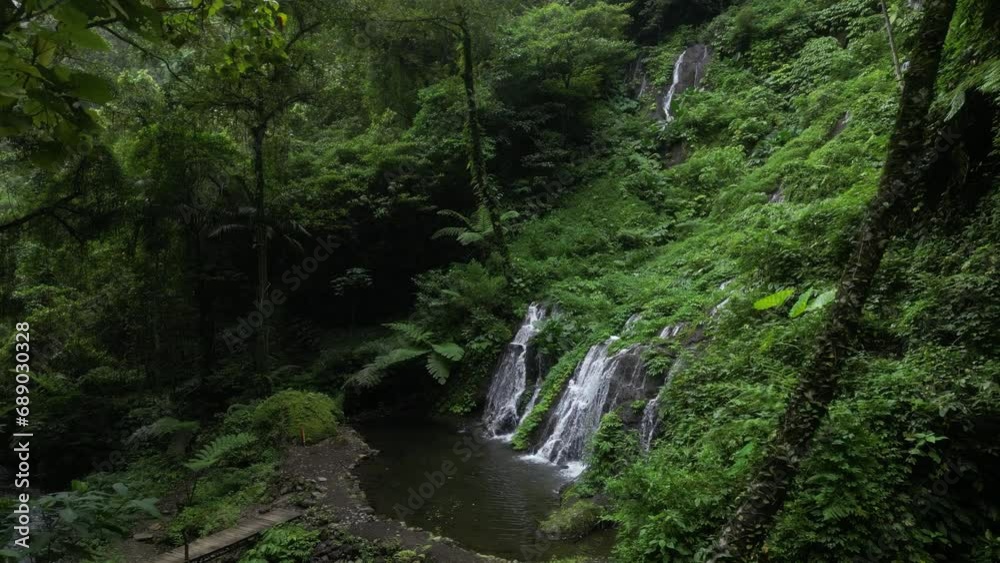 Weaving through the trees of a Balinese jungle with a distant waterfall, aerial. Weaving through the trees of a Balinese jungle with a distant waterfall, aerial.