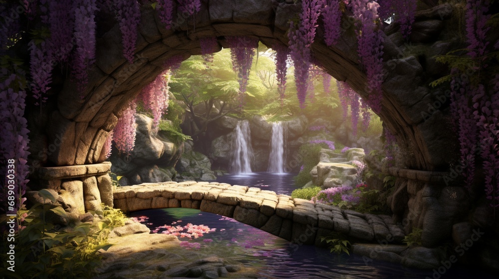 A quaint stone bridge spanning a gentle stream, its arches framed by cascading wisteria in full bloom.