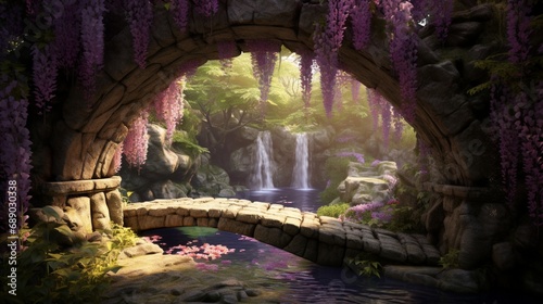 A quaint stone bridge spanning a gentle stream, its arches framed by cascading wisteria in full bloom.