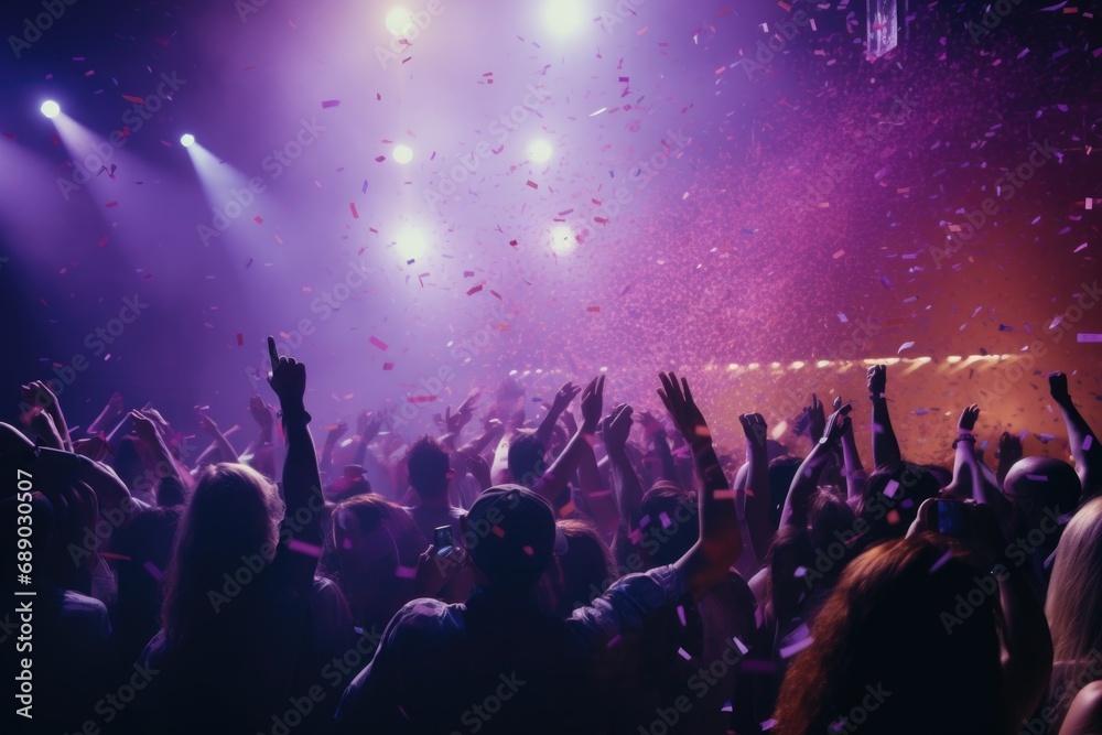 The crowd in the nightclub applauds, lights and confetti fall on the stage.