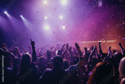 The crowd in the nightclub applauds, lights and confetti fall on the stage. © Julia Jones