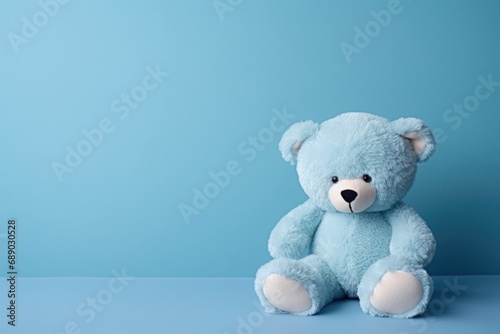 A blue teddy bear sits on a blue background © Julia Jones