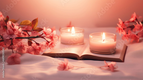 Candle with pink flowers on soft pink background. Valentine s day concept.