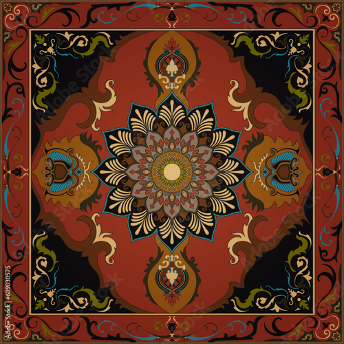 Colorful ornamental vector design for rug, tapis, yoga mat. Geometric ethnic clipart. Arabian ornamental carpet with decorative elements.Persian carpet