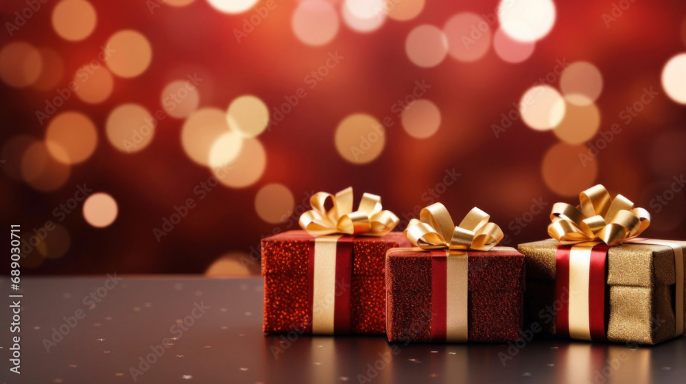 Golden gift presents on a light dark red background with colorful bokeh and stars glittering Golden gift presents on a light dark red background with colorful bokeh and stars glittering