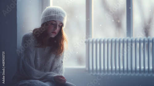 Frozen sad girl wearing a hat, scarf and sweater in her home next to a cold radiator